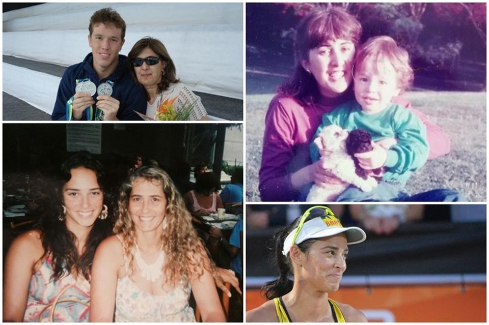 Nas fotos, Ágatha e Henrique Rodrigues com suas mães Maria e Sônia. | Arquivo Pessoal e FIVB/