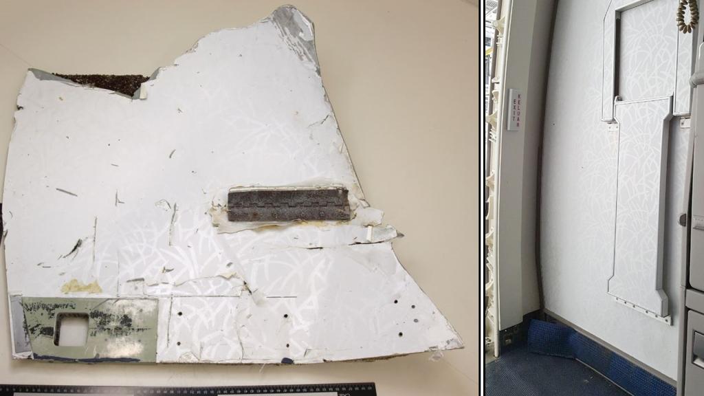 Montagem divulgada pelo ATSB compara fragmento recuperado com modelo de peça usado no modelo Boeing 777. | ATSB