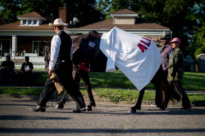 Até um cavalo foi usado para homenagear Muhammad Ali em sua cidade natal. | Jim Watson/AFP