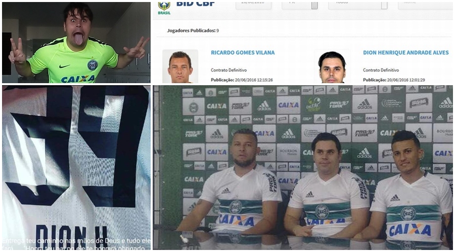 Na coluna da esquerda, Dion Henrique celebra a passagem pelo Coritiba nas redes sociais. Acima, o registro dos atletas na CBF. E no quadro maior, Ricardinho, Dion e Guilherme Parede posam com a camisa do Coxa. | /