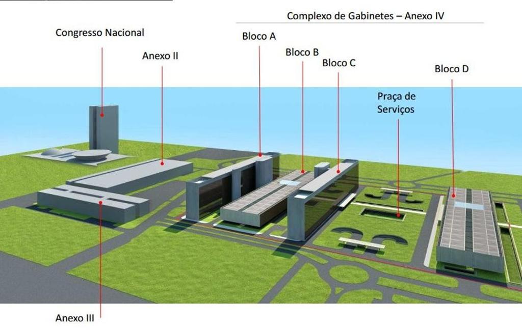 Croqui do projeto original do Parlashopping, como foi apelidado o complexo de prédios do anexo IV da Câmara. | /