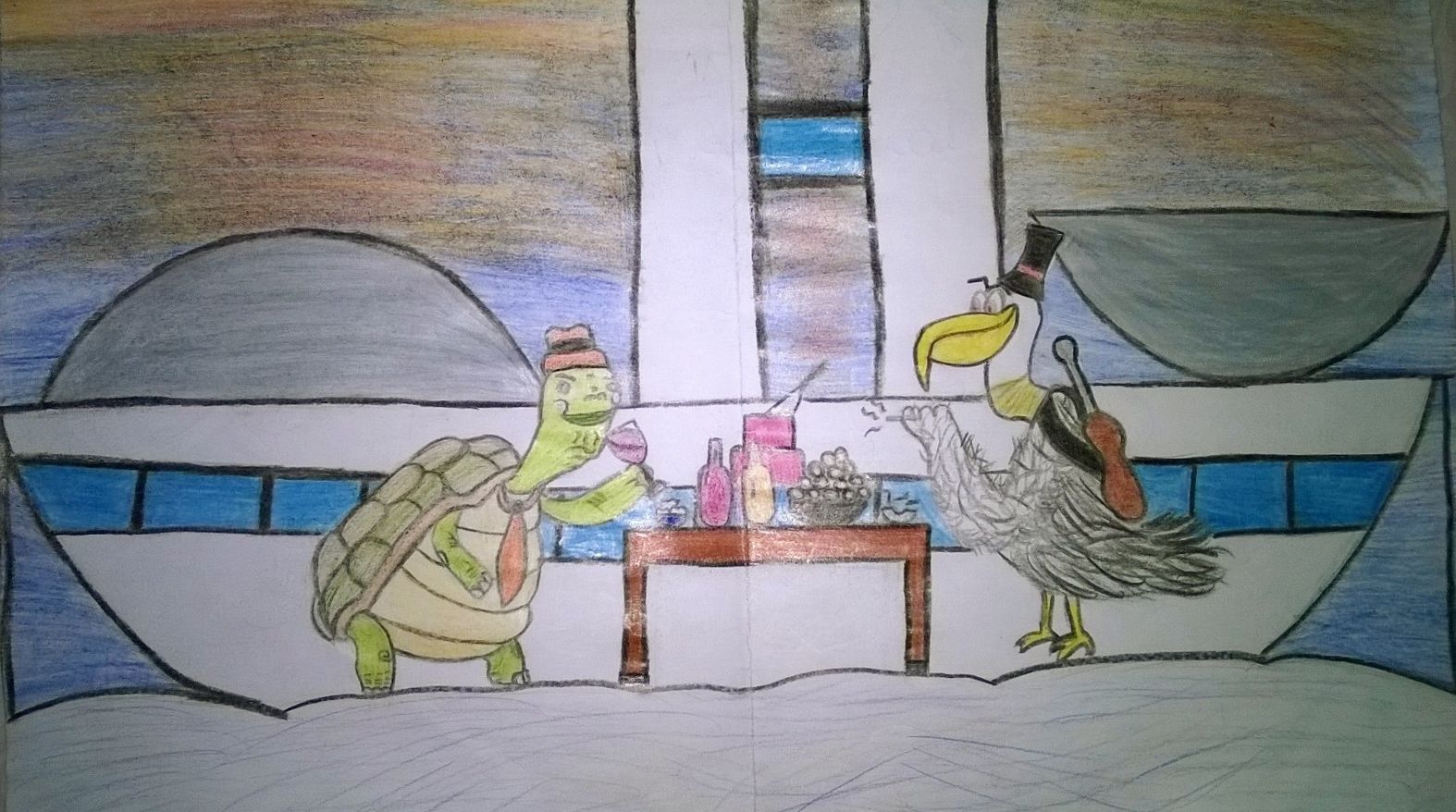 Ilustração de “Festa em Brasília”, dos alunos Amanda Rodrigues, Maria Eduarda Silva e Luiz Celso. “Enquanto a festa fervia, a comissão das Aves convocou uma assembleia de urgência, para se instaurar um processo para penalizar a Tartaruga”, conta a fábula | /Divulgação