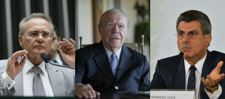 Da esq. para a dir.: Renan Calheiros (PMDB-AL), o ex-presidente e ex-senador José Sarney (PMDB-AP) e Romero Jucá (PMDB-RR) | Montagem/Agência Senado/