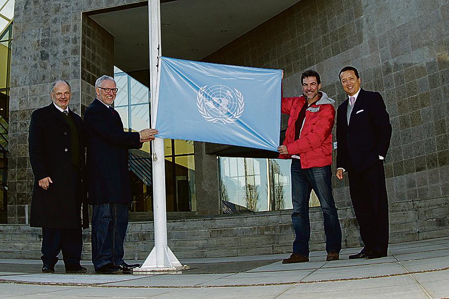 O superintendente do Sesi e do IEL no Paraná, José Antonio Fares; o presidente do Sistema Fiep, Edson Campagnolo; o diretor do Senai no Paraná, Marco Secco; e o diretor do Programa de Desenvolvimento Local do UNITAR, Alex Mejia (a partir da esquerda). | Gelson Bampi/Fiep