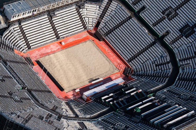 Detalhe da Arena do Vôlei de Praia montada em Copacabana | YASUYOSHI CHIBA/AFP