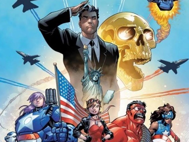 Roberto da Costa, o Mancha Solar, aparece no centro, de terno, como líder dos Vingadores Americanos | Marvel/Divulgação