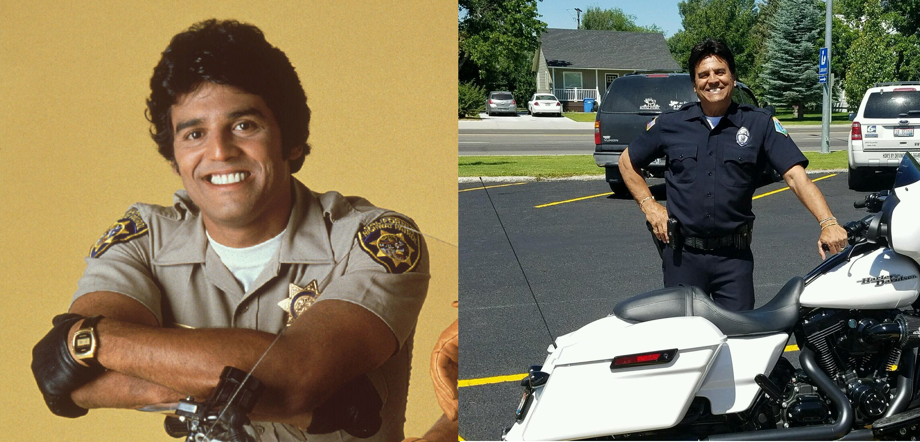 Antes e depois: Erik Estrada como o personagem Frank Ponch nos anos 70 e agora, como policial na vida real. | Reprodução/Twitter @ErikEstrada