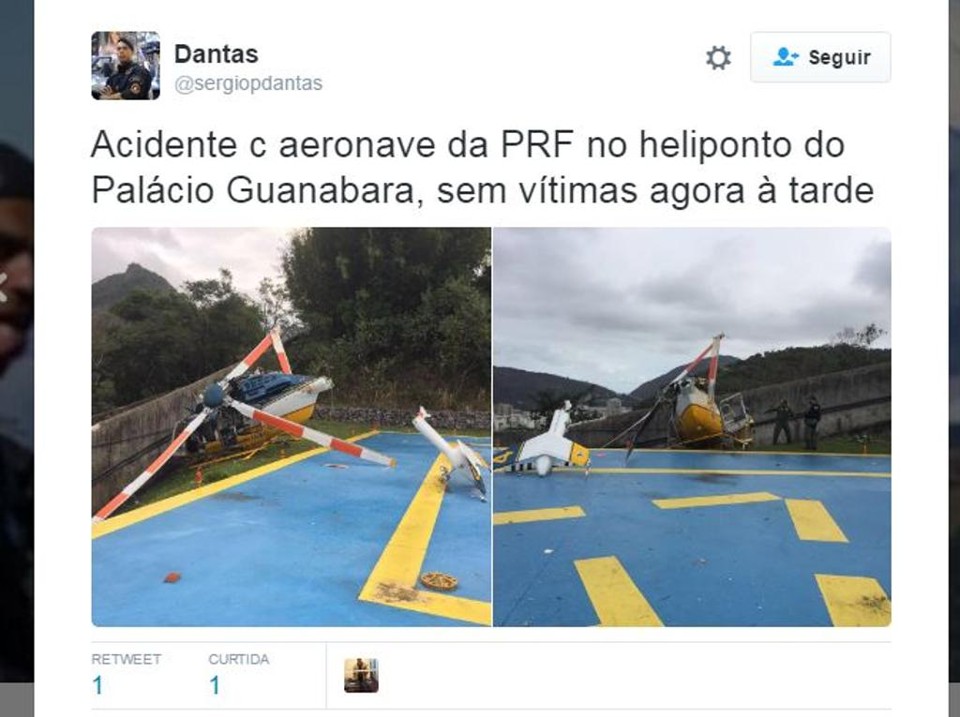 Imagem do acidente publicada por usuário do Twitter: helicóptero caiu em heliponto do Palácio Guanabara | /Reprodução