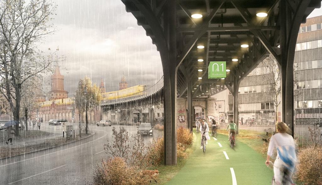 Simulação de como ficaria a ciclovia debaixo da linha U1 de metrô de superfície de Berlim. | Divulgação/Matthias Heskamp/Reindeer Renderings