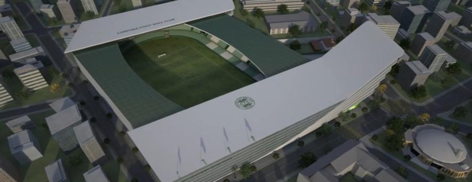 Perspectiva do novo estádio no Alto da Glória, com igreja do Perpétuo Socorro à direita. | /