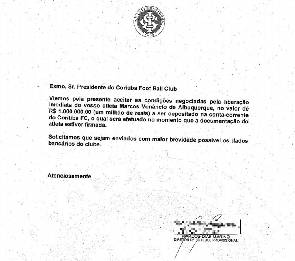 Imagem do ofício encaminhado pelo Internacional e divulgado pelo Coritiba. | /