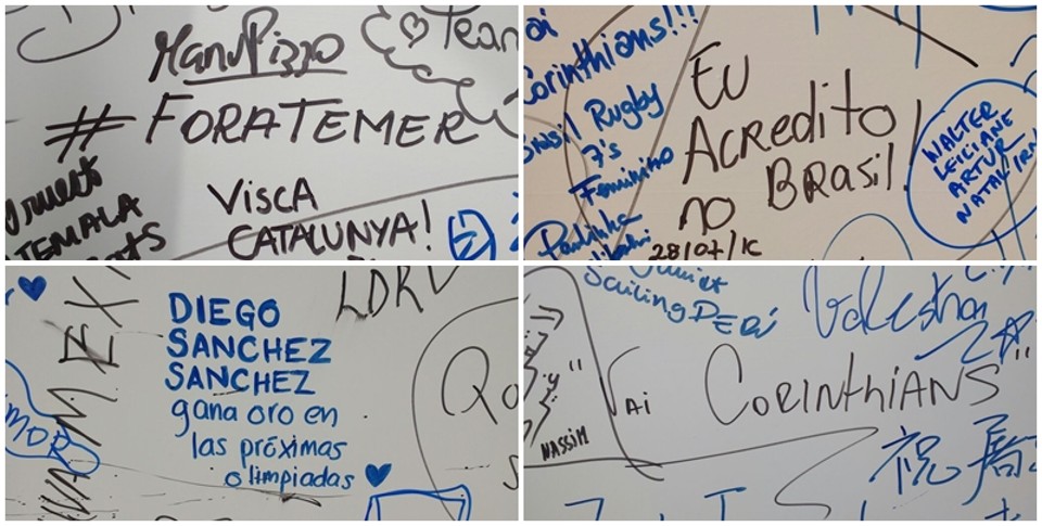 Mensagens escritas pelas delegações no mural da Vila Olímpica. | /
