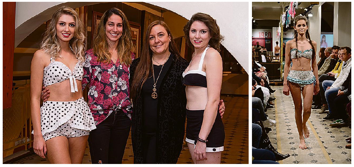 A coordenadora do curso de Design de Moda da PUCPR, Camila Teixeira (de blusa florida), e a diretora de Cultura e Esporte, Sheila Reinehr, com as modelos Rozangela Jaworski (à esq.) e Kelly Portella, na abertura da exposição “Bikini: Explosão dos anos 40”, na terça-feira, que marcou a reabertura do Centro Cultural PUCPR – Prédio Tribuna, antigo Hipódromo do Paraná. Na foto à direita, a modelo Larissa Prado desfila um biquíni da década de 60. | João Borges/