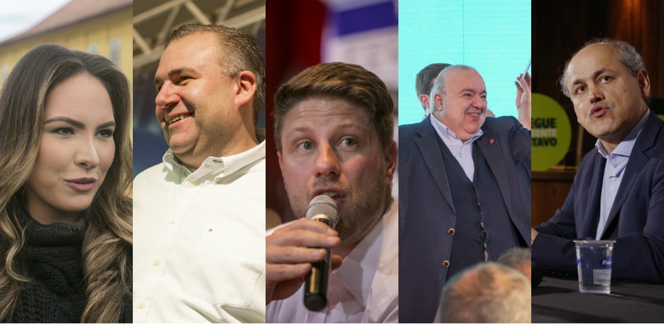 Da esquerda para a direita: Maria Victoria (PP), Ney Leprevost (PSD), Requião Filho (PMDB), Rafael Greca (PMN) e Gustavo Fruet (PDT) | Montagem/Gazeta do Povo