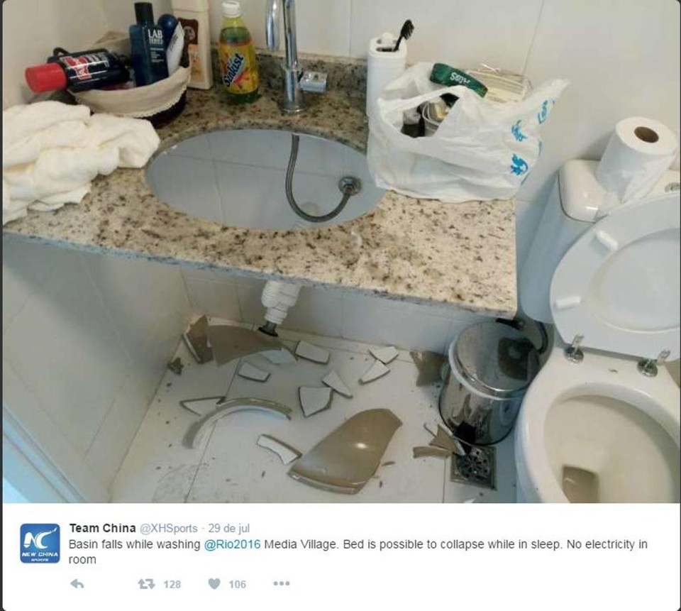 Conta no Twitter que acompanha os esportistas chineses na Rio-2016 publicou pia quebrada no Centro de Mídia: “cama pode quebrar durante o sono”, ironiza legenda | /Reprodução