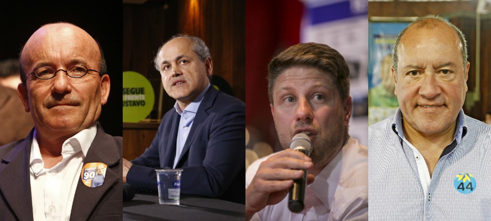 Da esquerda para a direita: Ademar Pereira (Pros), Gustavo Fruet (PDT), Requião Filho (PMDB) e Afonso Rangel (PRP) | Montagem/Gazeta do Povo