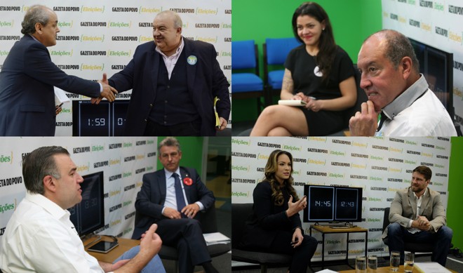 Da esquerda ao alto, em sentido horário: Gustavo Fruet x Rafael Greca, Xênia Mello x Afonso Rangel , Ney Leprevost x Tadeu Veneri e Maria Victoria x Requião Filho | Montagem - Henry Milléo e Aniele Nascimento/Gazeta do Povo