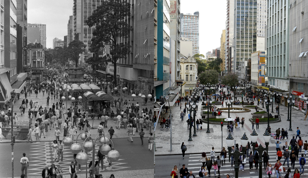Rua XV em dois momentos: 1992 (à esq.) e 2016 | Montagem - João Brüschz e Antônio More/Gazeta do Povo
