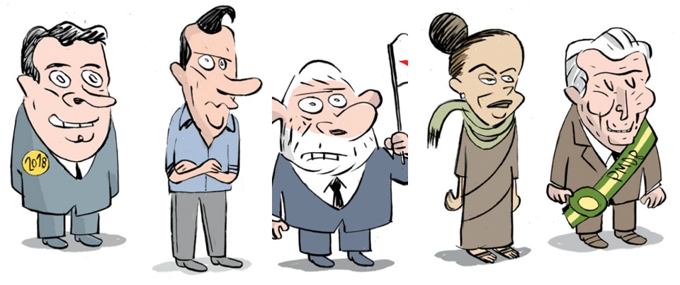 Aécio Neves (PSDB), Ciro Gomes (PDT), Lula (PT), Marina Silva (Rede) e Michel Temer (PDT) | Ilustração: Benett