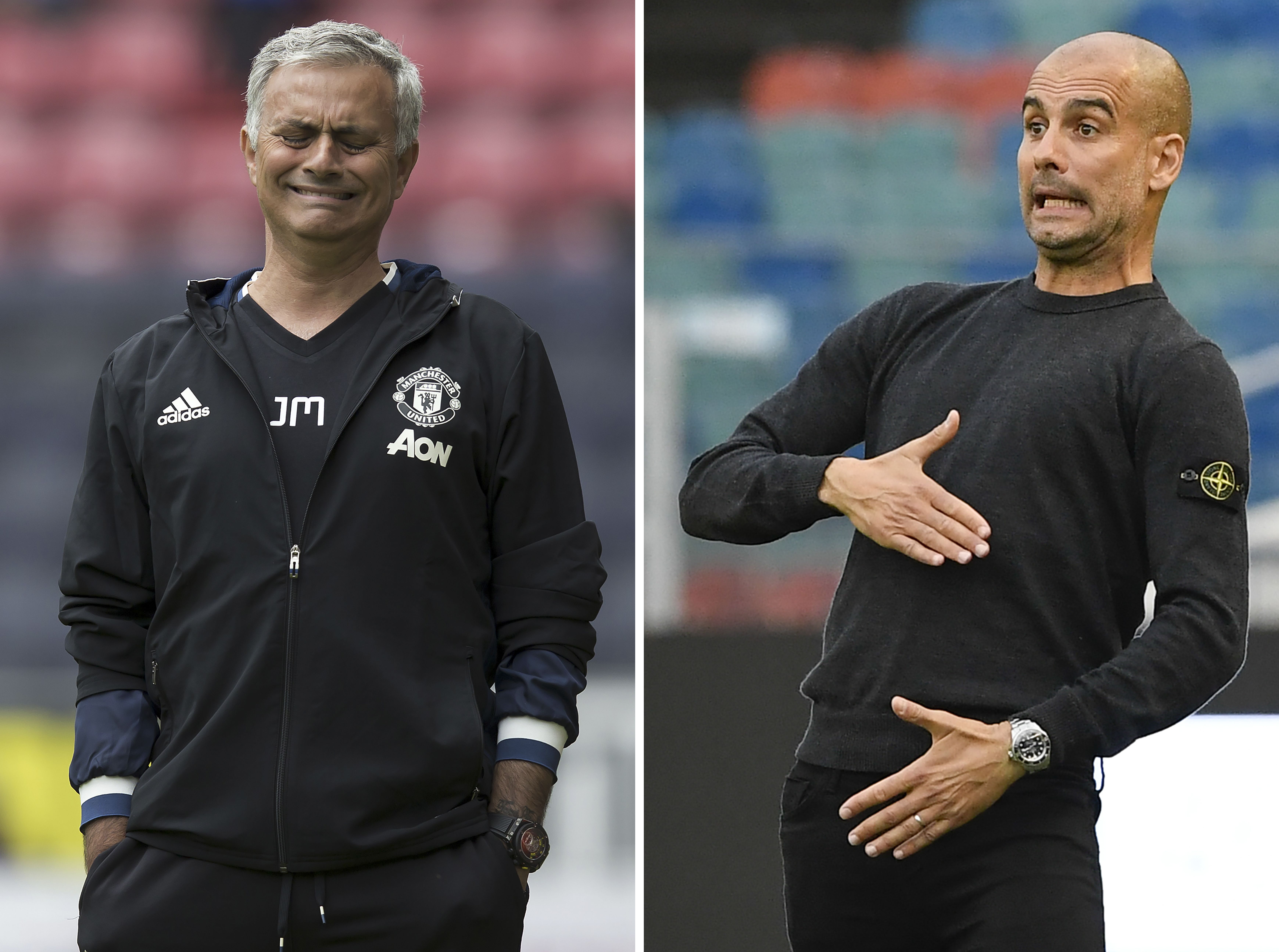 Mourinho e Guardiola: rivalidade está de volta, agora no Campeonato Inglês. | JON SUPER/AFP