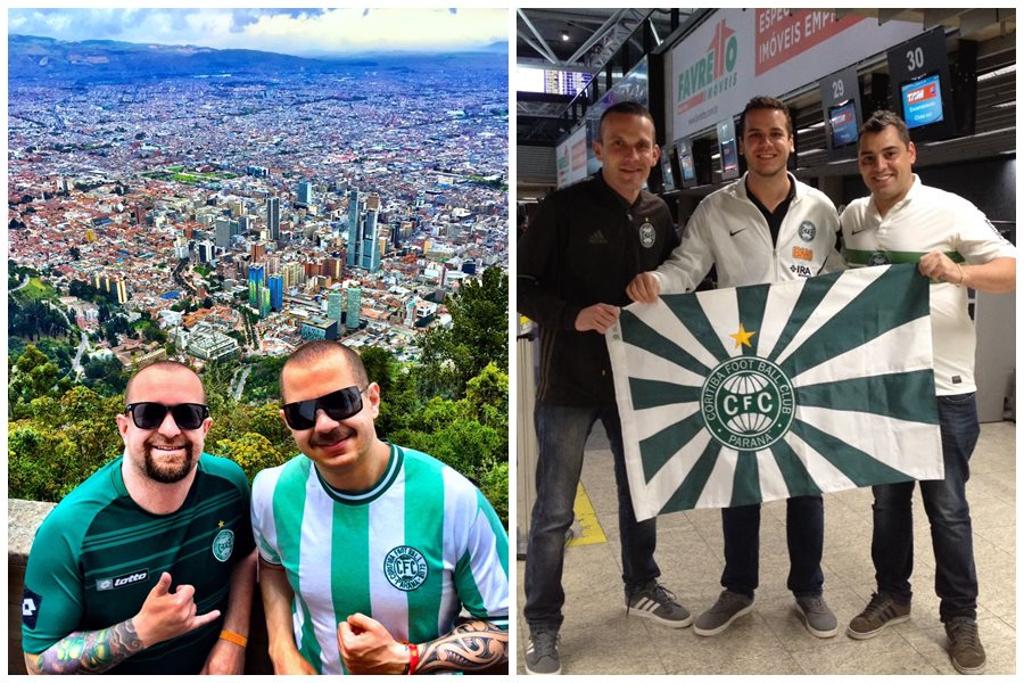 Dênis e Bruno (à esq.) posam com a camisa do Coxa já na Colômbia; Fabrício (à dir. na foto da dir.) prestes a embarcar para Medellín. | Arquivo Pessoal/