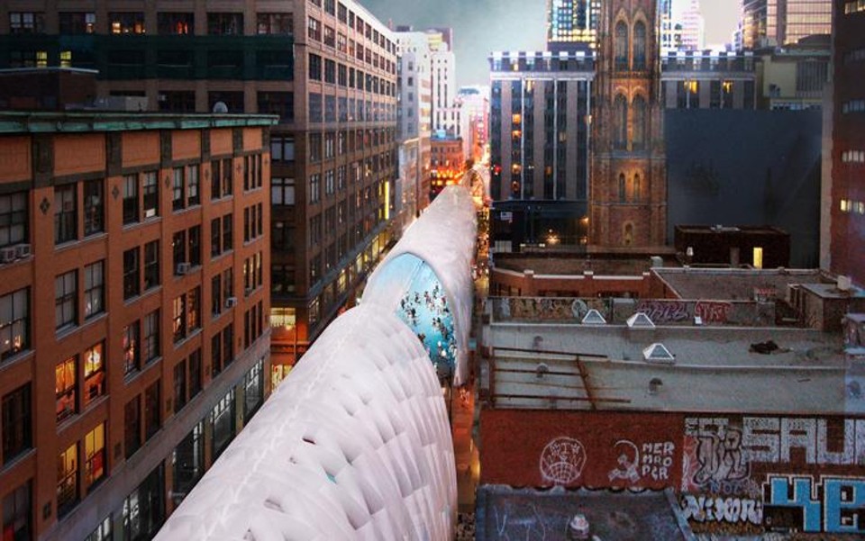 A estrutura inflável custará cerca de R$ 9 milhões e deve ser instalada em janeiro de 2018, quando está previsto o início das obras de remodelação da Rua Santa Catarina, em Montreal. | Kanva Architecture/Divulgação
