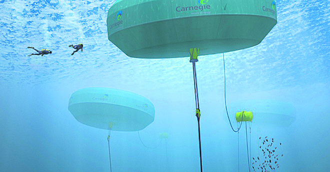 Boias circulares transformam a força do oceano em energia elétrica. | Reprodução/Carnegie Wave Energy