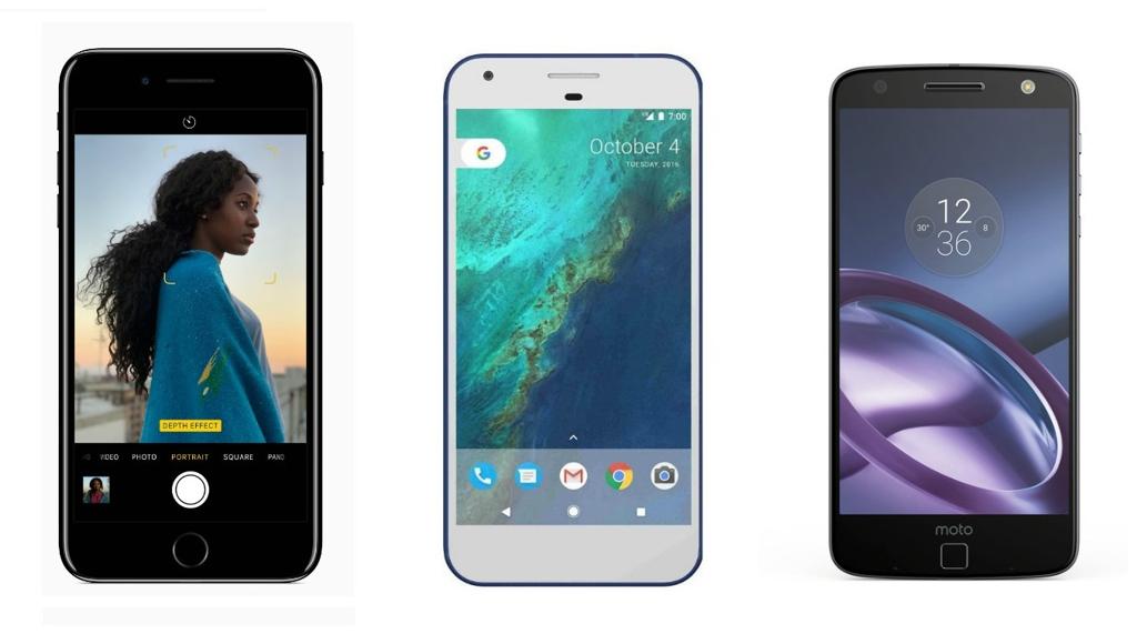 Da esquerda para a direita: iPhone 7 Plus, Google Pixel e Moto Z | /Divulgação