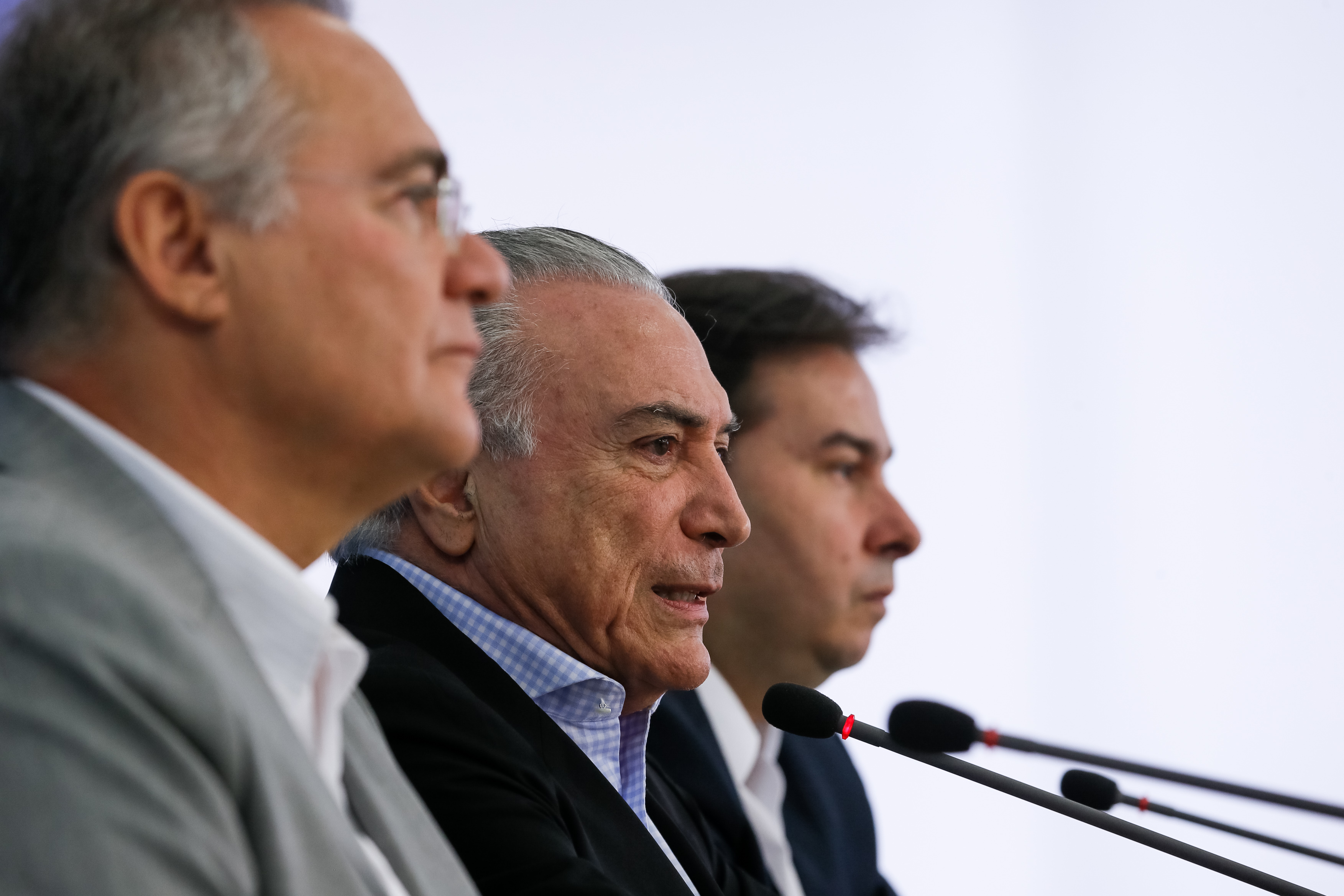 Renan, Temer e Maia em coletiva no domingo, quando anunciar que são contra a anistia ao caixa 2. | Beto Barata/PR