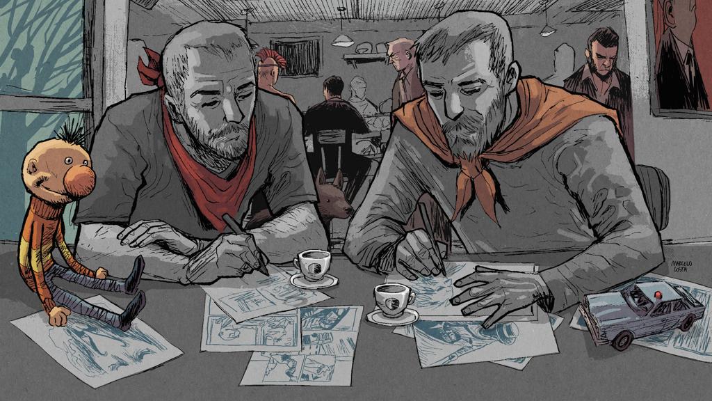 Marcelo Costa imagina a si mesmo (dir.) e o irmão Magno durante uma de suas reuniões. Ao fundo e sobre a mesa, suas referências e criações. | Arte: Marcelo Costa/