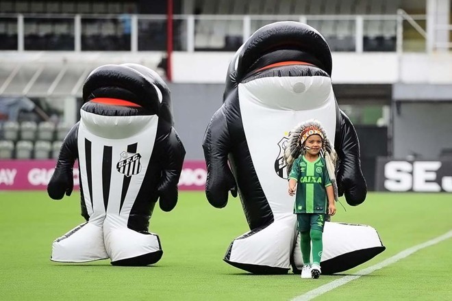Mascotinho da Chapecoense, o indizionho Carlos Miguel, entrou em campo na Vila Belmiro. | Ivan StortiSantos FC