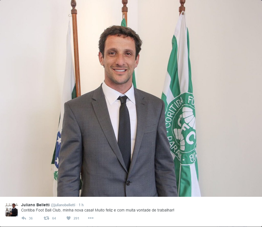 Juliano Belletti confirma nas redes sociais o acerto com o Coritiba: ex-lateral será representante internacional do clube. | Reprodução/Twitter
