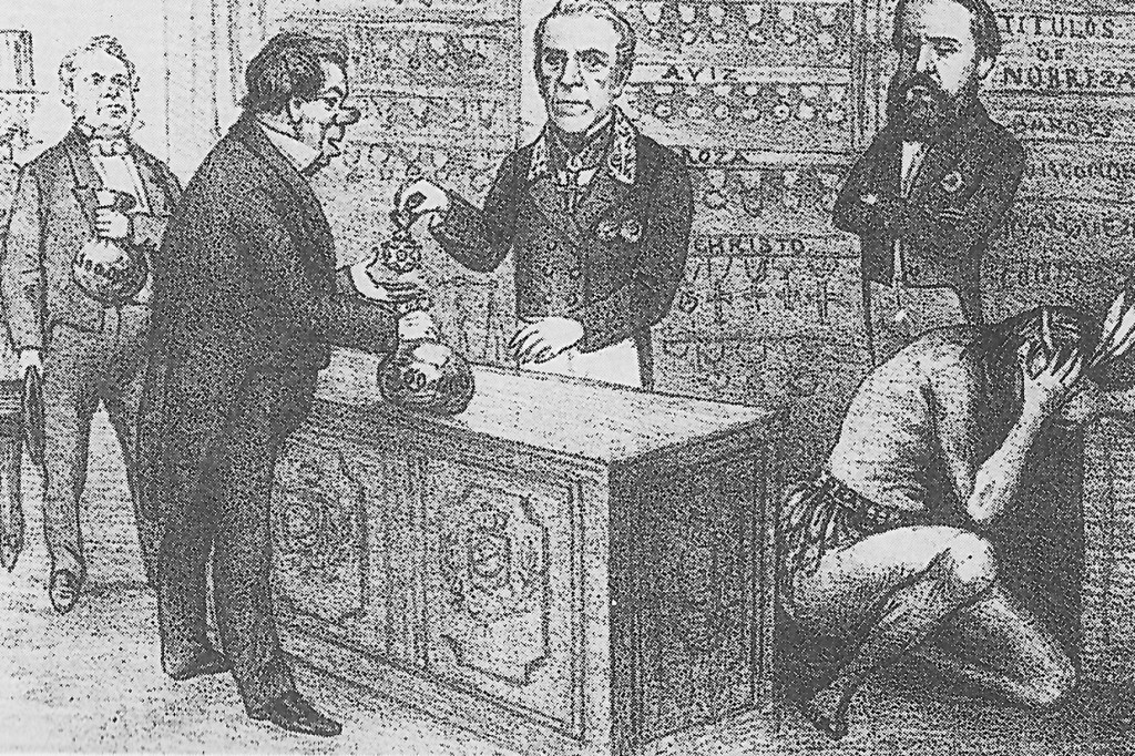 Charge de jornal da época do Segundo Reinado mostra o balcão de negócios para a compra de títulos de nobreza, com o imperador Dom Pedro II observando tudo e um índio (simbolizando o povo brasileiro) envergonhado. | /