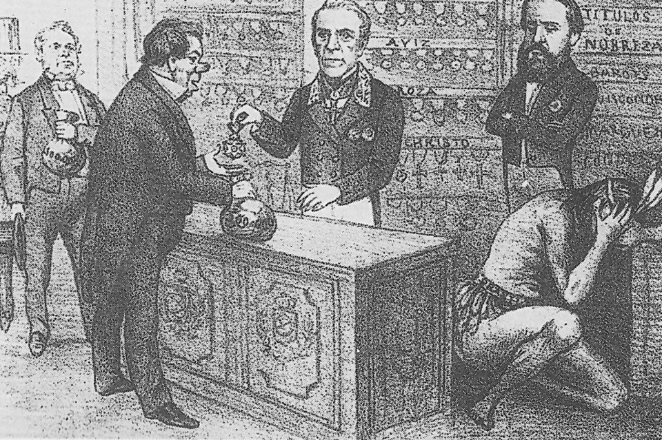Charge de jornal da época do Segundo Reinado mostra o balcão de negócios para a compra de títulos de nobreza, com o imperador Dom Pedro II observando tudo e um índio (simbolizando o povo brasileiro) envergonhado. | /