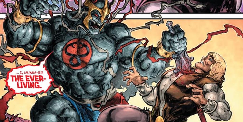 Mumm-Ra, o vilão dos ThunderCats, toma do príncipe Adam a Espada do Poder e o apunhala mortalmente no peito. | DC Comics/ Divulgação