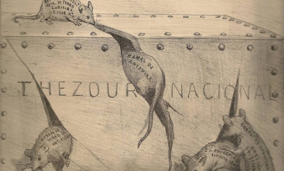 Charge da revista Ilustrada mostra os “ratos” que comem o Tesouro Nacional durante o período do reinado de Dom Pedro II: suspeitas de corrupção atravessam todos os períodos da história do Brasil. | /