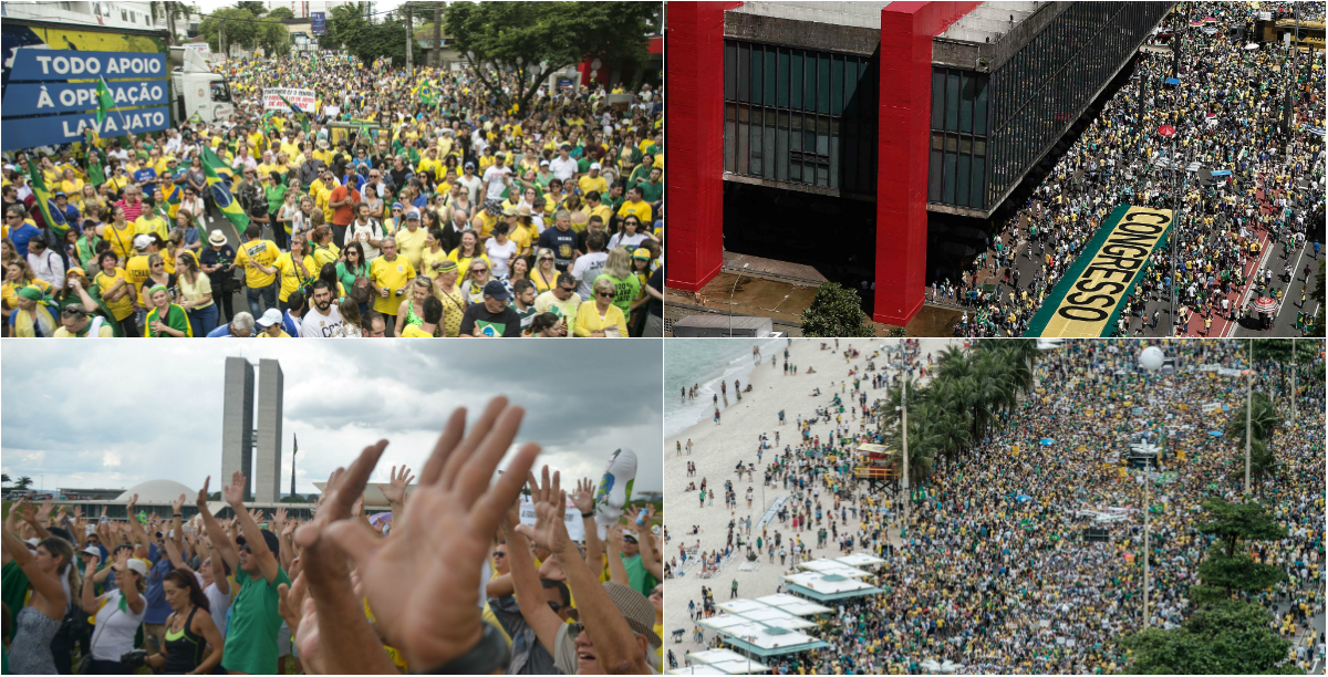 No sentido horário: protestos em Curitiba, São Paulo, Brasília e Rio de Janeiro | Marcelo Andrade/ Gazeta do Povo - Yasuyoshi Chiba e Miguel Schincariol/AFP - Marcello Casal Jr/Agência Brasil
