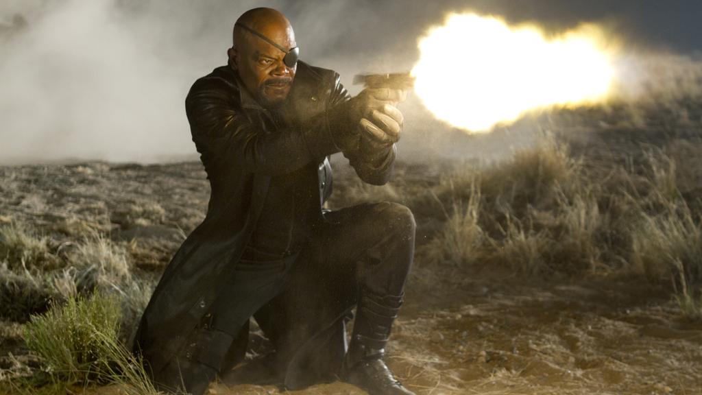 Samuel L. Jackson no papel de Nick Fury, em ‘Os Vingadores’: armas por todo lado | Zade Rosenthal/Divulgação