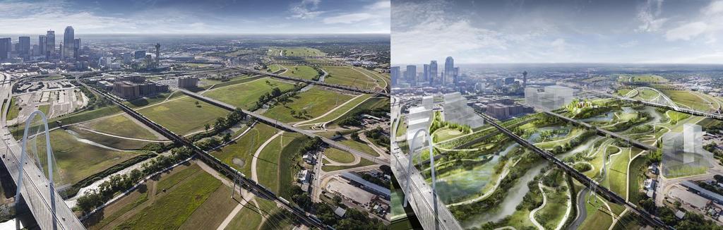 Dallas, no Texas, terá parque 11 vezes o tamanho do Central Park de Nova York. Na foto, o espaço como é hoje (esquerda) e como ficará no futuro. | Reprodução com imagens do escritório Michael Van Valkenburgh Associates/
