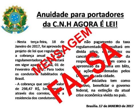 Imagem postada no Facebook do Detran, alertando para a falsa notícia de cobrança de anuidade da CNH. | Divulgação/Detran-PR/