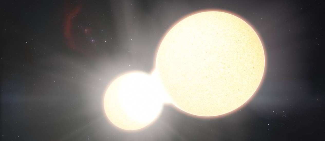 Ilustração de uma estrela binária , semelhante a que está prevista para se fundir e formar um único corpo celeste em 2022. | /