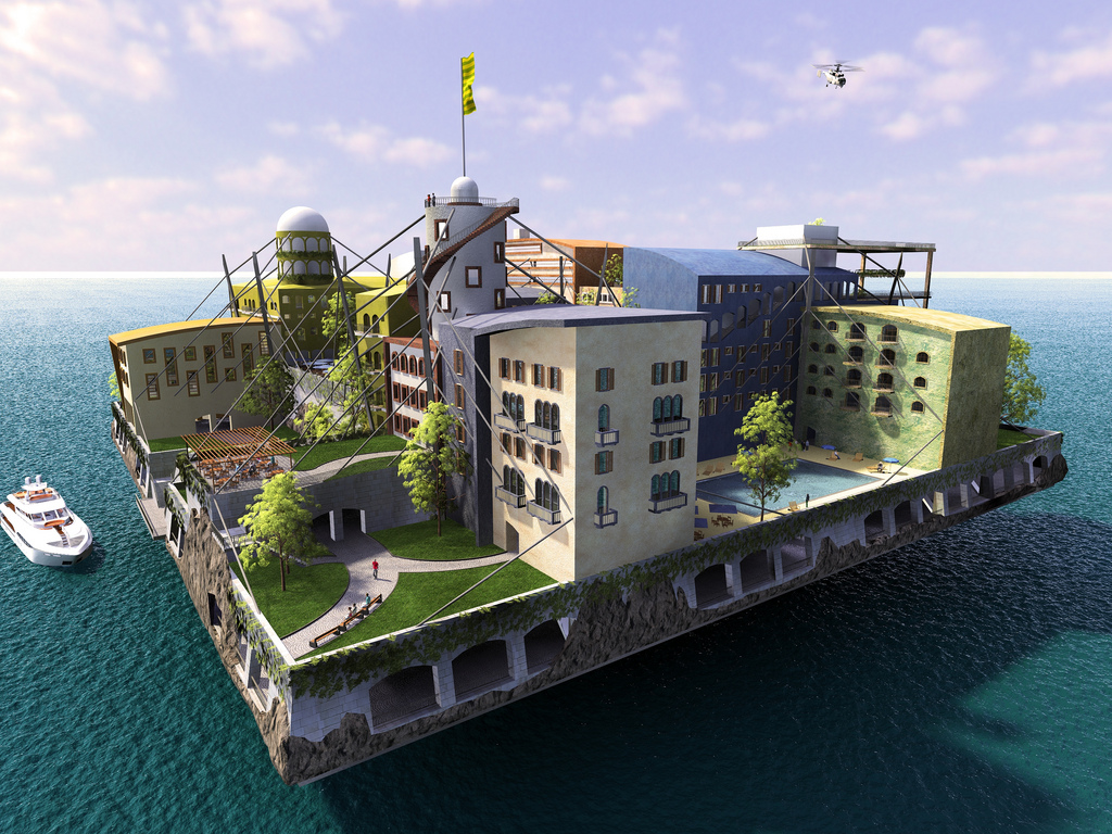 Cidades flutuantes podem ser a solução para o aumento do nível do mar. Na foto, um dos projetos do Seasteading Institute para cidades flutuantes. | Seasteading Institute/Reprodução/