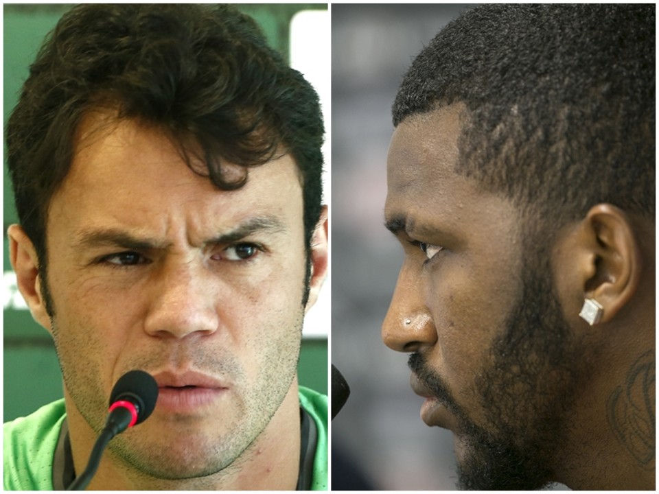 Kléber, do Coritiba,e Douglas Coutinho, do Atlético, estarão em lados opostos neste domingo na Arena. | Hugo Harada e Marcelo Andrade/Gazeta do Povo