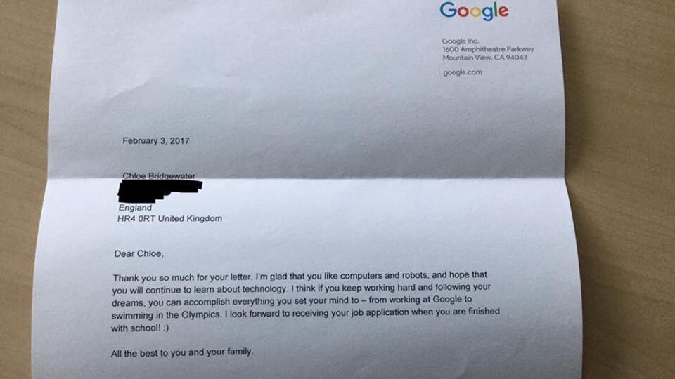 Carta de executivo do Google respondendo ao pedido de emprego da menina de 7 anos. | /Reprodução