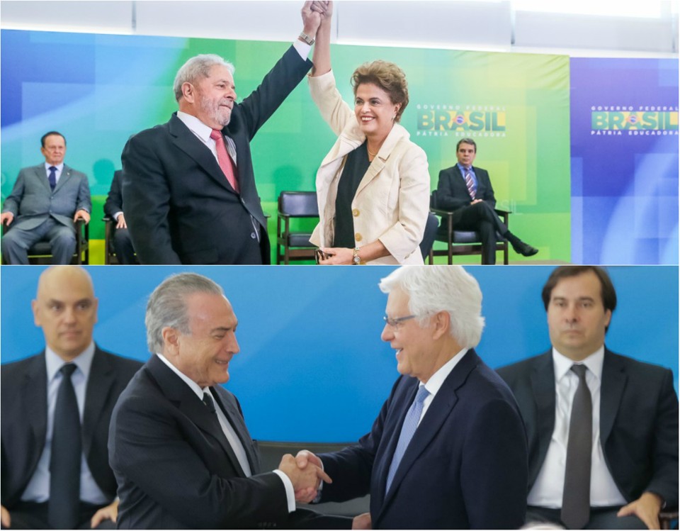 Acima, a posse de Lula como ministro-chefe da Casa Civil, em 2016. Abaixo, a posse de Moreira Franco como ministro da Secretaria-Geral da Presidência | Roberto Stuckert Filho e Marcos Corrêa/Presidência da República