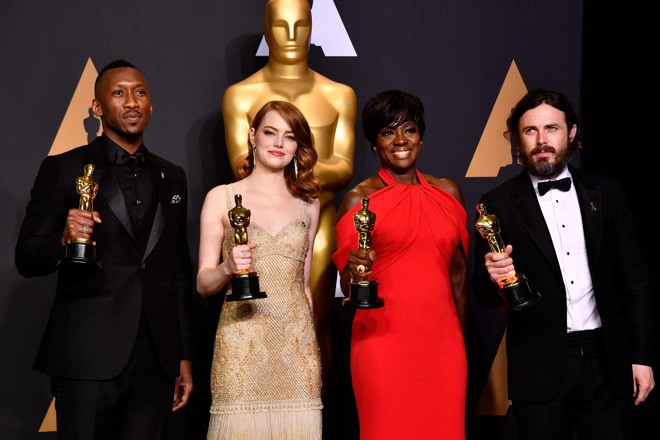 Os quatro atores premiados: Mahershala Ali, Emma Stone, Viola Davis e Casey Affleck | Frazer Harrison/AFP