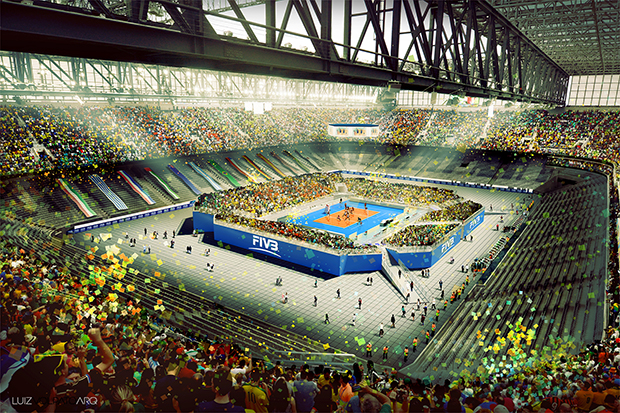 Desenho de como será a miniarena dentro da Baixada para a Liga Mundial de Vôlei | Divulgação/CBV