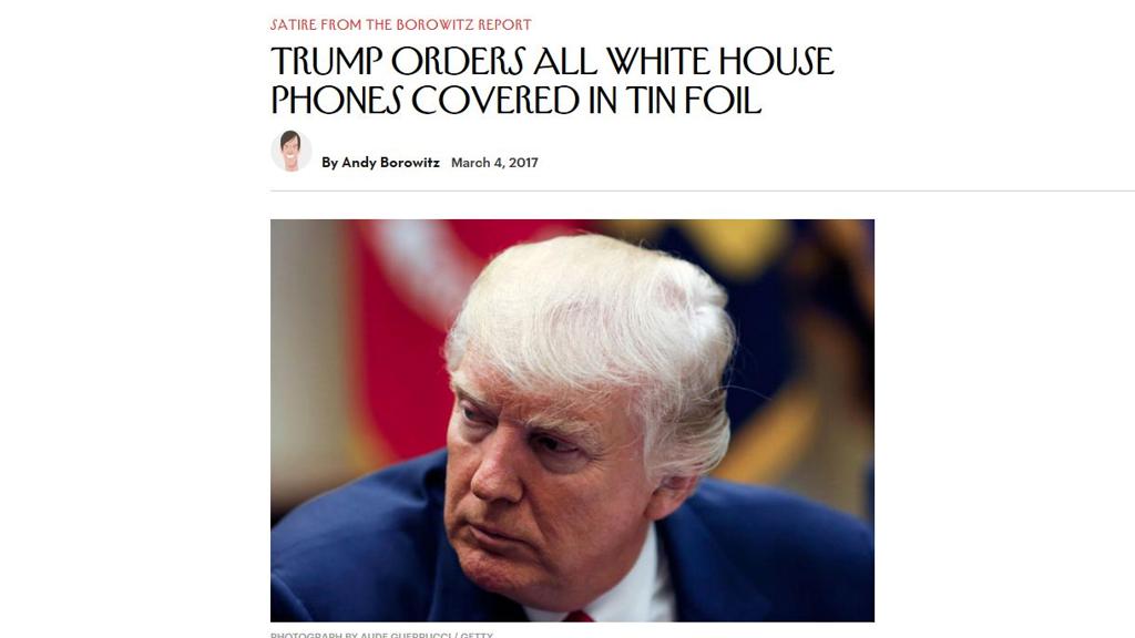 Página do Borowitz Report com manchete dizendo que Trump teria ordenado embrulho de telefones em papel alumínio | Reprodução/