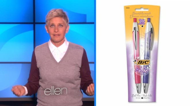 Tentativa da BIC de criar caneta voltada ao público feminino ganhou fama em paródia de Ellen Degeneres | Reprodução/YouTube