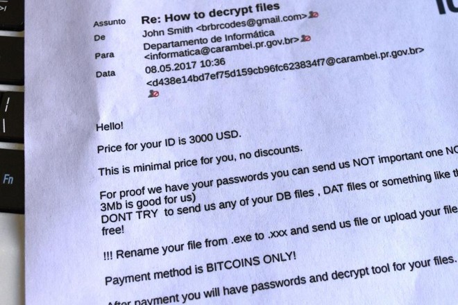 Arquivos invadidos foram criptografados e renomeados com um endereço de email. Ao entrar em contato, a prefeitura recebeu o pedido de resgate, em inglês. | /Divulgação